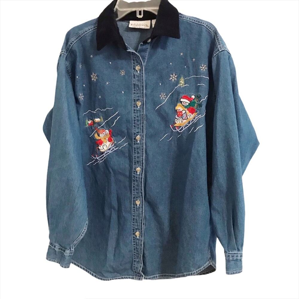 Holiday Denim Shirt Embroidered Snowman Y2K